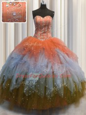 Customized Visible Boning Multi-color Lace Up Quince Ball Gowns Beading and Ruffles and Sequins Sleeveless Floor Length