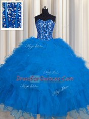 Fancy Visible Boning Blue Ball Gowns Tulle Sweetheart Sleeveless Beading and Ruffles and Sequins Floor Length Lace Up Quince Ball Gowns