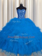 Fancy Visible Boning Blue Ball Gowns Tulle Sweetheart Sleeveless Beading and Ruffles and Sequins Floor Length Lace Up Quince Ball Gowns