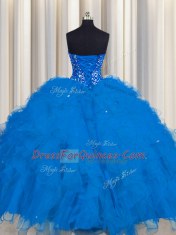 Fancy Visible Boning Blue Ball Gowns Tulle Sweetheart Sleeveless Beading and Ruffles and Sequins Floor Length Lace Up Quince Ball Gowns