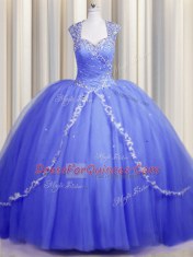 Edgy Zipper Up Cap Sleeves Brush Train Zipper With Train Beading and Appliques Sweet 16 Quinceanera Dress