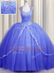 Edgy Zipper Up Cap Sleeves Brush Train Zipper With Train Beading and Appliques Sweet 16 Quinceanera Dress