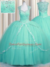 Aqua Blue Zipper Vestidos de Quinceanera Beading and Appliques Cap Sleeves Brush Train