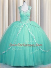 Aqua Blue Zipper Vestidos de Quinceanera Beading and Appliques Cap Sleeves Brush Train