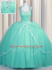 Aqua Blue Zipper Vestidos de Quinceanera Beading and Appliques Cap Sleeves Brush Train