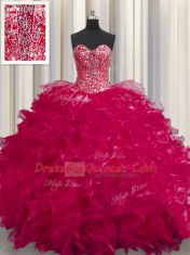 See Through Coral Red Sleeveless Floor Length Beading and Ruffles Lace Up Quinceanera Gowns