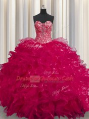 See Through Coral Red Sleeveless Floor Length Beading and Ruffles Lace Up Quinceanera Gowns