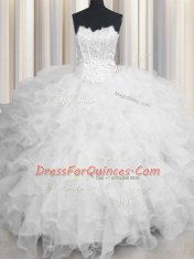 Scalloped Organza Sleeveless Floor Length Sweet 16 Quinceanera Dress and Beading and Ruffles