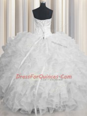 Scalloped Organza Sleeveless Floor Length Sweet 16 Quinceanera Dress and Beading and Ruffles