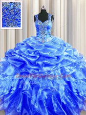 Pick Ups Zipper Up See Through Back Ball Gowns Quinceanera Gown Blue Straps Organza Sleeveless Floor Length Zipper