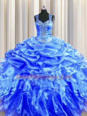 Pick Ups Zipper Up See Through Back Ball Gowns Quinceanera Gown Blue Straps Organza Sleeveless Floor Length Zipper