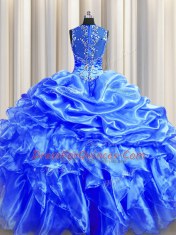 Pick Ups Zipper Up See Through Back Ball Gowns Quinceanera Gown Blue Straps Organza Sleeveless Floor Length Zipper