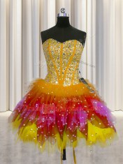 Fantastic Three Piece Visible Boning Sweetheart Sleeveless Lace Up Vestidos de Quinceanera Multi-color Tulle