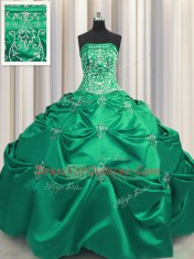 Turquoise Ball Gowns Strapless Sleeveless Taffeta Floor Length Lace Up Beading and Appliques and Embroidery Vestidos de Quinceanera