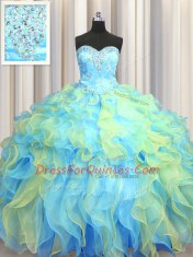 Clearance Multi-color Organza Lace Up Quinceanera Gowns Sleeveless Floor Length Beading and Appliques and Ruffles