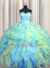 Clearance Multi-color Organza Lace Up Quinceanera Gowns Sleeveless Floor Length Beading and Appliques and Ruffles