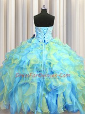 Clearance Multi-color Organza Lace Up Quinceanera Gowns Sleeveless Floor Length Beading and Appliques and Ruffles