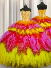 Hot Selling Bling-bling Visible Boning Multi-color Tulle Lace Up Sweetheart Sleeveless Floor Length Quinceanera Gown Beading and Ruffles and Ruffled Layers and Sequins