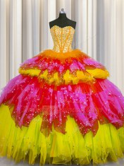 Hot Selling Bling-bling Visible Boning Multi-color Tulle Lace Up Sweetheart Sleeveless Floor Length Quinceanera Gown Beading and Ruffles and Ruffled Layers and Sequins