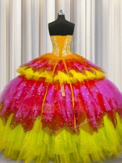 Hot Selling Bling-bling Visible Boning Multi-color Tulle Lace Up Sweetheart Sleeveless Floor Length Quinceanera Gown Beading and Ruffles and Ruffled Layers and Sequins