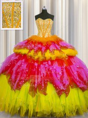 Hot Selling Bling-bling Visible Boning Multi-color Tulle Lace Up Sweetheart Sleeveless Floor Length Quinceanera Gown Beading and Ruffles and Ruffled Layers and Sequins