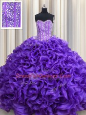 Visible Boning Floor Length Purple Sweet 16 Quinceanera Dress Organza Sleeveless Beading and Ruffles