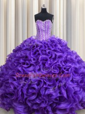 Visible Boning Floor Length Purple Sweet 16 Quinceanera Dress Organza Sleeveless Beading and Ruffles