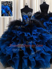 Sleeveless Organza and Tulle Floor Length Lace Up Ball Gown Prom Dress in Royal Blue with Beading and Ruffles
