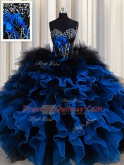 Sleeveless Organza and Tulle Floor Length Lace Up Ball Gown Prom Dress in Royal Blue with Beading and Ruffles