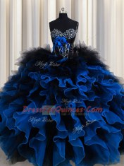 Sleeveless Organza and Tulle Floor Length Lace Up Ball Gown Prom Dress in Royal Blue with Beading and Ruffles