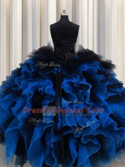 Sleeveless Organza and Tulle Floor Length Lace Up Ball Gown Prom Dress in Royal Blue with Beading and Ruffles