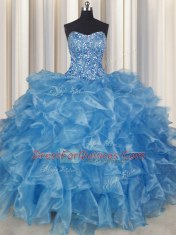Gorgeous Visible Boning Baby Blue Sleeveless Beading and Ruffles Floor Length Sweet 16 Dress