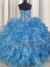 Gorgeous Visible Boning Baby Blue Sleeveless Beading and Ruffles Floor Length Sweet 16 Dress