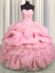 Delicate Visible Boning Sweetheart Sleeveless Quince Ball Gowns Floor Length Beading and Ruffles and Pick Ups Rose Pink Organza