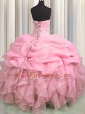 Delicate Visible Boning Sweetheart Sleeveless Quince Ball Gowns Floor Length Beading and Ruffles and Pick Ups Rose Pink Organza