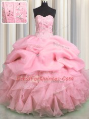 Delicate Visible Boning Sweetheart Sleeveless Quince Ball Gowns Floor Length Beading and Ruffles and Pick Ups Rose Pink Organza