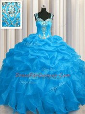 See Through Zipper Up Blue Organza Zipper Quinceanera Dress Sleeveless Floor Length Appliques and Ruffles