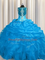 See Through Zipper Up Blue Organza Zipper Quinceanera Dress Sleeveless Floor Length Appliques and Ruffles