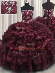 Wine Red Sleeveless Appliques and Ruffles and Ruffled Layers Floor Length Quinceanera Gown