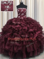 Wine Red Sleeveless Appliques and Ruffles and Ruffled Layers Floor Length Quinceanera Gown