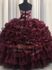 Wine Red Sleeveless Appliques and Ruffles and Ruffled Layers Floor Length Quinceanera Gown