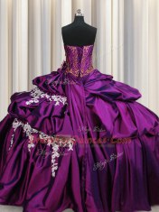 Purple Ball Gowns Taffeta Sweetheart Sleeveless Beading and Appliques Floor Length Lace Up Quinceanera Gown
