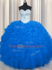 Floor Length Royal Blue 15th Birthday Dress Sweetheart Sleeveless Lace Up