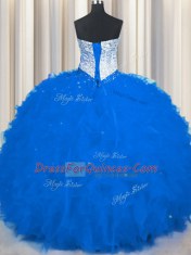 Floor Length Royal Blue 15th Birthday Dress Sweetheart Sleeveless Lace Up