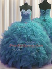 Beaded Bust Organza Sleeveless Floor Length Vestidos de Quinceanera and Beading and Ruffles