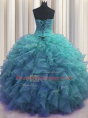 Beaded Bust Organza Sleeveless Floor Length Vestidos de Quinceanera and Beading and Ruffles