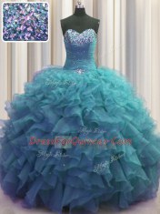 Beaded Bust Organza Sleeveless Floor Length Vestidos de Quinceanera and Beading and Ruffles