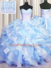 Two Tone Visible Boning Ball Gowns Quinceanera Dresses Blue And White Sweetheart Organza Sleeveless Floor Length Lace Up