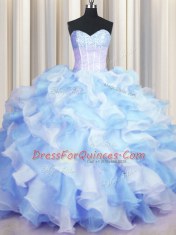 Two Tone Visible Boning Ball Gowns Quinceanera Dresses Blue And White Sweetheart Organza Sleeveless Floor Length Lace Up