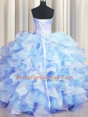 Two Tone Visible Boning Ball Gowns Quinceanera Dresses Blue And White Sweetheart Organza Sleeveless Floor Length Lace Up